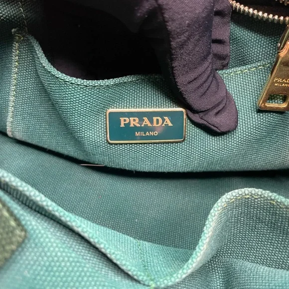 Authentic PRADA Canapa Tote with Gold Hardware & Crossbody Strap - Green Canvas - Picture 5 of 13
